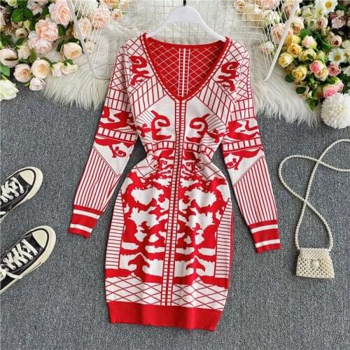 Teeuiear vintage slim v neck patchwork Autumn Bodycon Knitted Sweater short Dress Winter Party dress Women club sheath dress