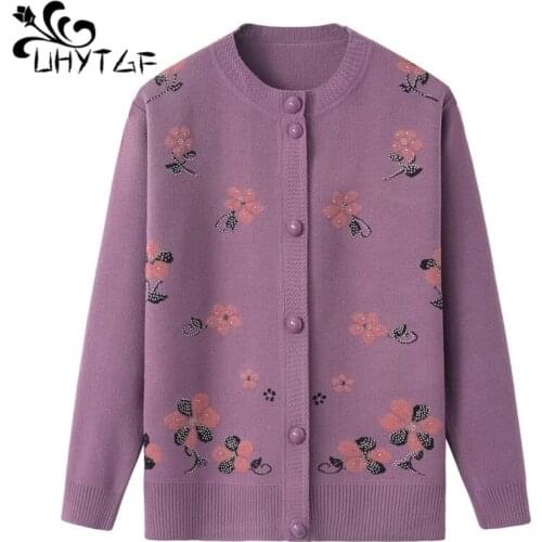 UHYTGF Knitted Cardigan For Women Middle-Aged Elderly Autumn Winter Sweater Jacket Fashion Beaded Casual Plus Size Sweaters 1753