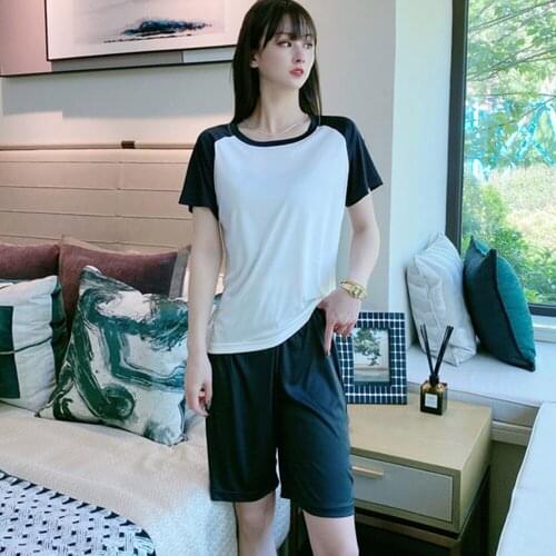 Plus Size Women Nightie Pyjamas Patchwork Short Sleeve Tops T-shirt Pocket Shorts Summer Two Pieces Home Pajama Sets Verano Suit