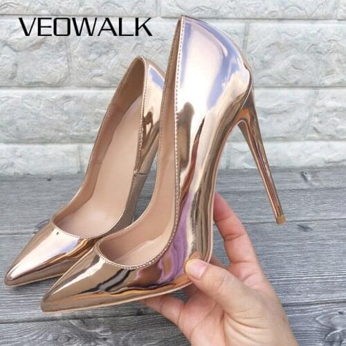 Veowalk Champagne Gold Womens Patent Leather Stilettos Pumps Elegant Ladies Wedding High Heel Shoes Pointed Toe Slip on Heels