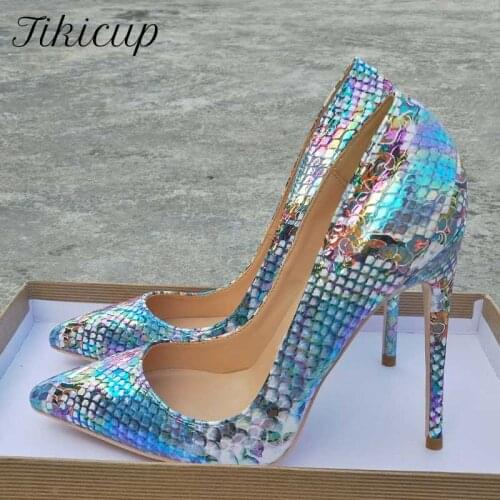 Tikicup Blue Snake Pattern Women Sexy Stiletto Pumps Pointed Toe Night Club Party High Heel Shoes for Ladies Plus Size 43 44 45