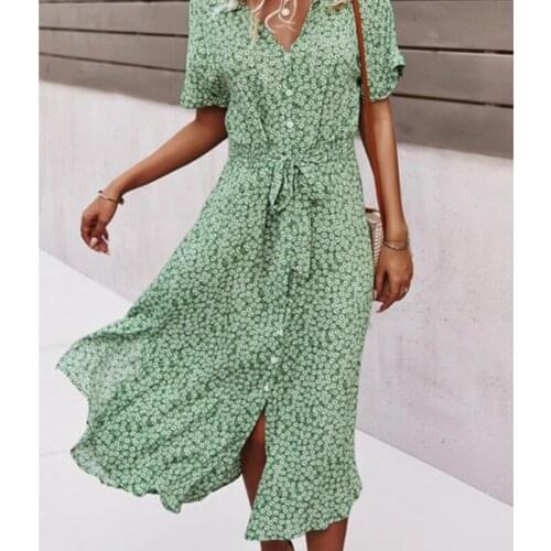 2021 Summer Women Dresses Stylish New Short Sleeve Turn-down Collar Single Breasted Loose Bandage Dress Casual Floral Dress