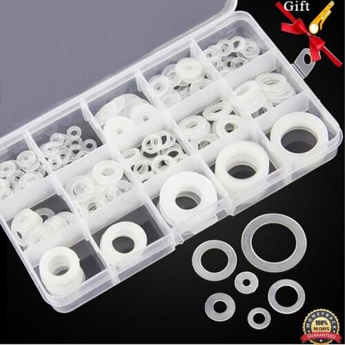 250Pcs 15 Sizes Nylon Metric Sealing Washers Assortment Set White Plastic Nylon Washer Plated Flat Spacer Seals Washer Gasket