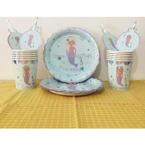 36pcs/lot Shiny Silver Lets Be Mermaid Theme 12pcs 7inch Paper Plates + 12pcs Paper Cups + 12pcs Straws Party Tableware Set