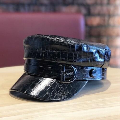 RUHAO Beret Female Autumn Winter Hats For Women Ladies PU Leather Navy Cap Boina Feminina Gorras Bone Vintage England Black