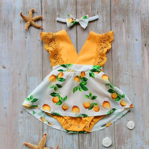 FOCUSNORM 0-24M Summer Infant Baby Girls Cute Rompers Lemon Printed Ruffles Lace Sleeve V Neck Jumpsuits Headband 2pcs