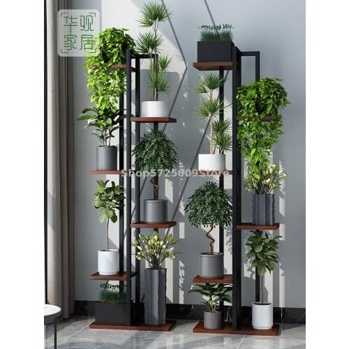 Huaguan wrought iron flower shelf multi-layer indoor living room home balcony green basket flower partition basin solid wood rac