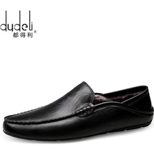 DUDELI Italian Mens Shoes Casual Luxury Brand Winter Warm Men Loafers Genuine Leather Moccasins Breathable Slip on Boat Shoes