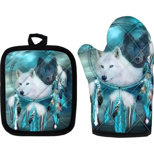 Cool 3D Wolf Animal Print Potholders Set of 2 Microwave Oven Gloves Kitchen Insulated Pad Pot Holders for BBQ Baking Mitts Pads