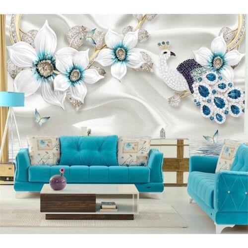 Custom Mural 3D Wallpaper White papel de parede Flower Set Diamond Peacock Jewelry Background Wall Living Room Bedroom фотообои