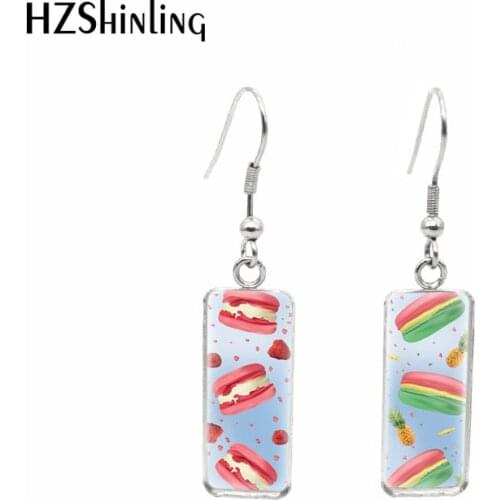 2020 New Macaron Cake Earring Dessert Art Rectangular Hook Earrings Glass Cabochon Photo Jewelry Handmade