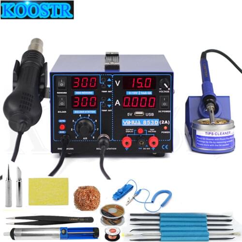 YIHUA 853D soldering station 2A 15V USB power output 3 In 1 station hot air gun solder iron repair soldering station BGA rework