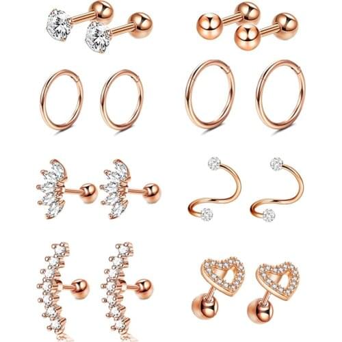 One Set Flower Ear Studs Cartilage Earrings Tragus Helix Piercing 16 Gauges Crystal Ear Studs Lip Rings Ear Piercing Jewelry