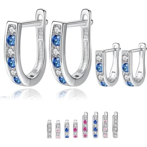 2019 Fashion Jewelry Blue Round Stone Crystal Hoop Earrings 925 Sterling Silver Earrings For Girls Baby Family Party Gift
