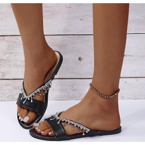 2021 New Slippers Women SummerFashion Bling Crystal Flat Sandals Ladies Flip Flops Open Toe Casual Beach Shoes Female Slides