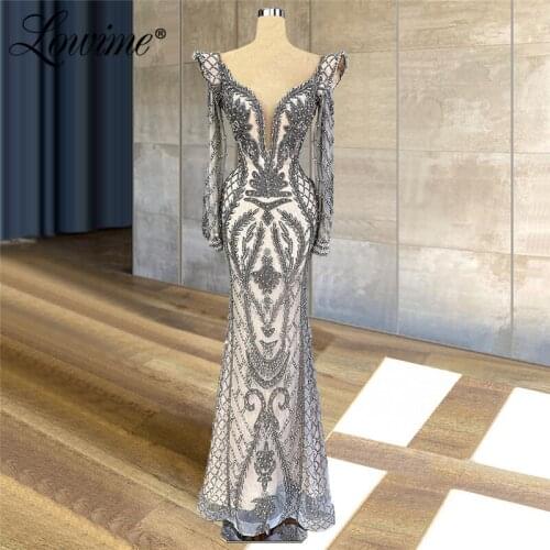 Crystals Beaded Handmade Evening Dresses 2020 Customized Muslim Full Sleeves Mermaid Party Gowns Luxury Celebrity Dresses Prom