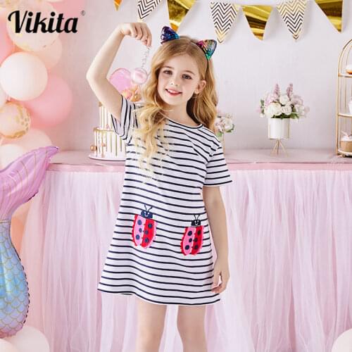 VIKITA Children Cotton Animals Dress Girls Striped Dresses Short Sleeve Summer Clothes Baby Girls Toddlers Casual Vestidos