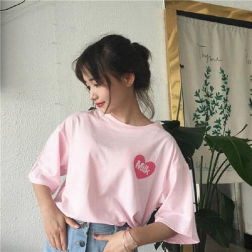 2020 Womens T-Shirt Summer O-Neck Harajuku Tee Soft Love Heart Milk Box Printed Short-sleeve Top Bottoming Fashion Tee Shirt