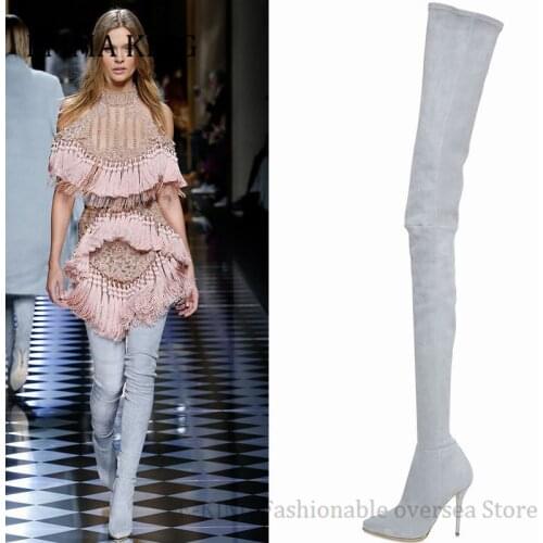 Women Stretch Suede Boots Sexy Pointy Toe Thigh High Heels Over The Knee Boots Autumn Winter Ladies Sock Botas Mujer 2020 New