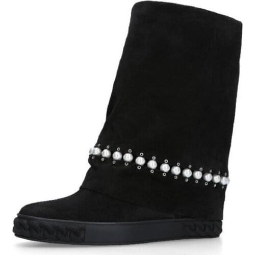Black Suede Slip-on Pearl Embellished Women Knee High Boots Shoes Autumn Winter Gladiator Long Boots Shoes Woman Lady Boots