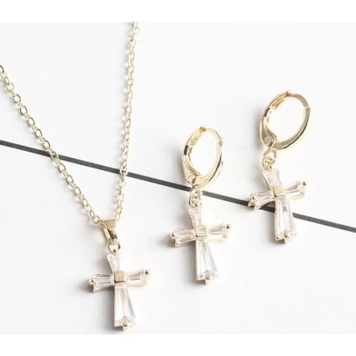 Metal Jesus Cross Pendant Necklace Jewelry Set For Women Simple Female Cross Pendant Crystal Religion Earrings Jewelry Sets