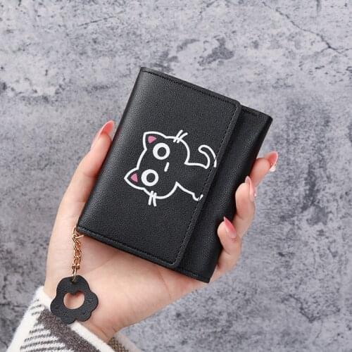 Lady Cute Cat PU Leather Wallet Tassel Simple Student Female Purse Clutch Women Three-fold Short Wallet Kawaii Mini Cards Holder
