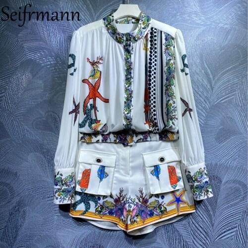Seifrmann New 2021 Autumn Women Fashion Runway Shorts Sets Lantern Sleeve Loose Shirts + High Waist Print Pockets Shorts Shuits