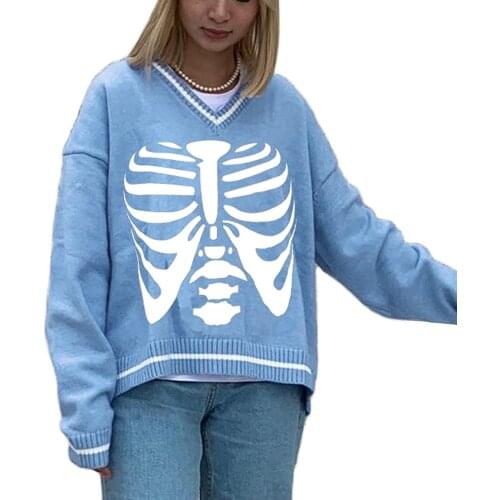 Women Knit Sweater 2021 Autumn Casual Adults Color Block Skeleton Print Long Sleeve V-neck Pullover Sweatshirt S -L