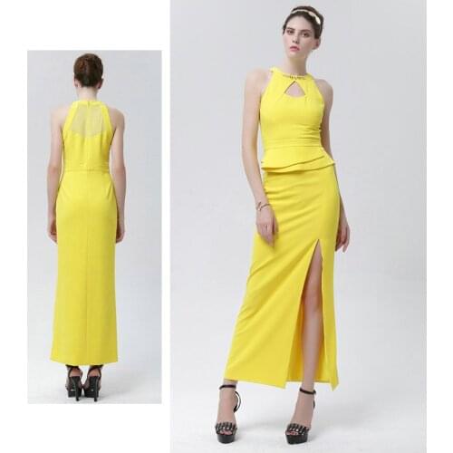 Womens Dress Custom-made Womens Clothing Dress Yellow Hollow Out Sleeveless Dress Halter Slolid Sheath Long Dress Customized