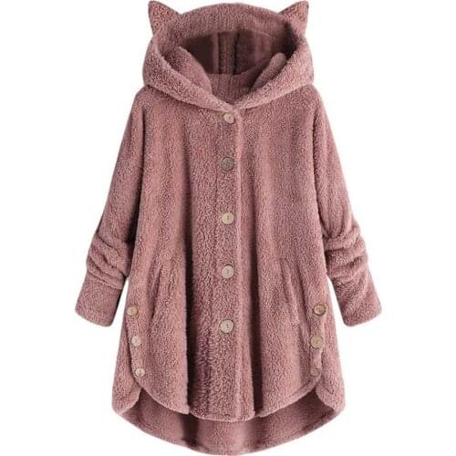 Winter Women Faux Fur Coat Luxury Long Fleece Cats Ears Hooded Coat Loose Lapel Thick Warm Female Plush Buttons Teddy Coat