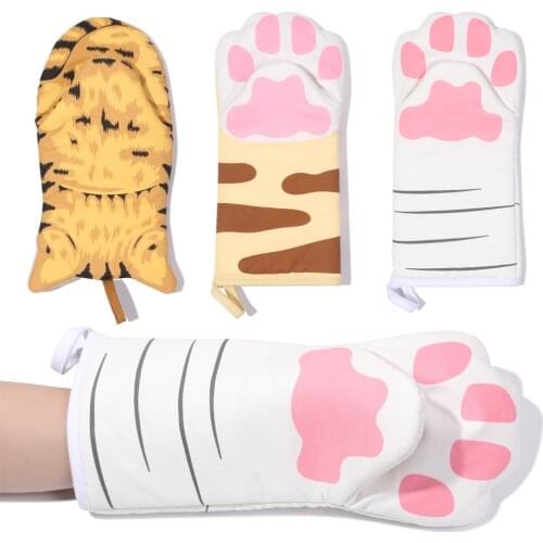 1PC 3D Cartoon Animal Cat Paws Oven Mitts Long Cotton Baking Insulation Gloves Microwave Heat Resistant Non-Slip Kitchen Gloves