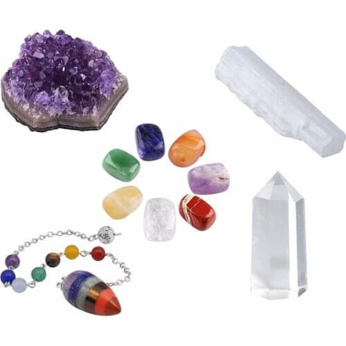 11 pcs Healing Crystals Kit,7 Tumbled Stones,Amethyst Cluster,Selenite,Chakra Pendulum,Crystal Wand Point,Reiki Balancing Set