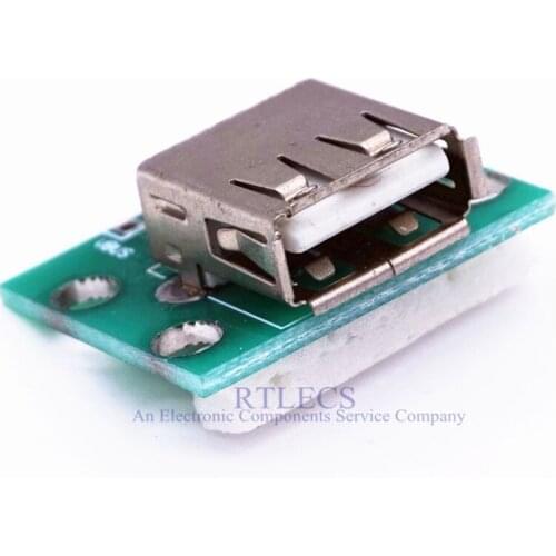 2 pcs USB 2.0 A Type Receptacle Female Socket Soldered on PCB Adapter to 4 pin 2.54 mm Through Holes Single Row Pin DIP