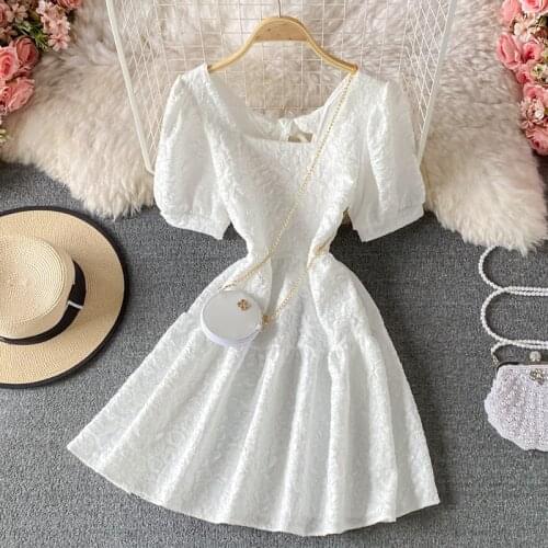 2021 summer new sweet white doll skirt short skirt square neck puff sleeve loose and thin temperament dress