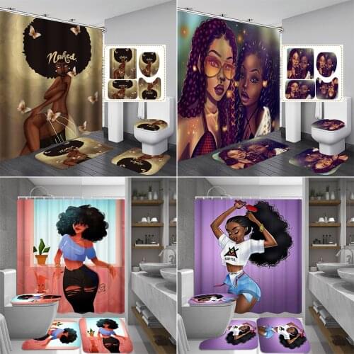 African Shower Curtain Walking Dog Lady Comb Hair Pattern Bathroom Curtains Set Non-slip Mat Rugs Toilet Lid Cover Home Decor