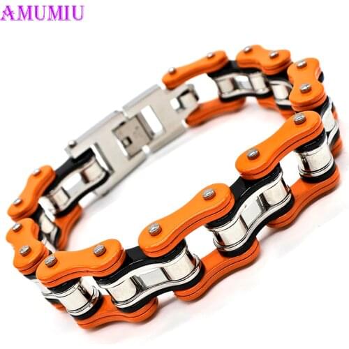 AMUMIU Orange Pink Punk Jewelry Special Biker Bicycle Motorcycle Chain Mens Bracelets Bangles Titanium Steel Bracelet B021
