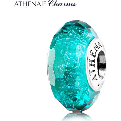 ATHENAIE Real 925 Silver Faceted Murano Glass Beads Fascinating Iridescence Teal Shimmer Charms Bead Fit All European Bracelet