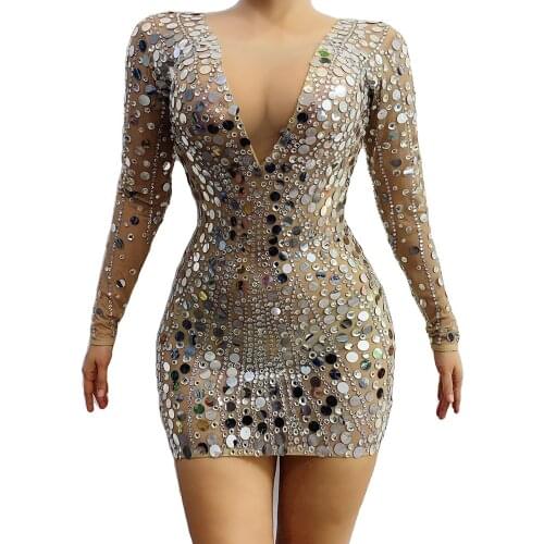 Flashing Silver Rhinestones Sequins Transparent Dress Bar Birthday Celebrate Outfit Evening Women Singer Short Dress