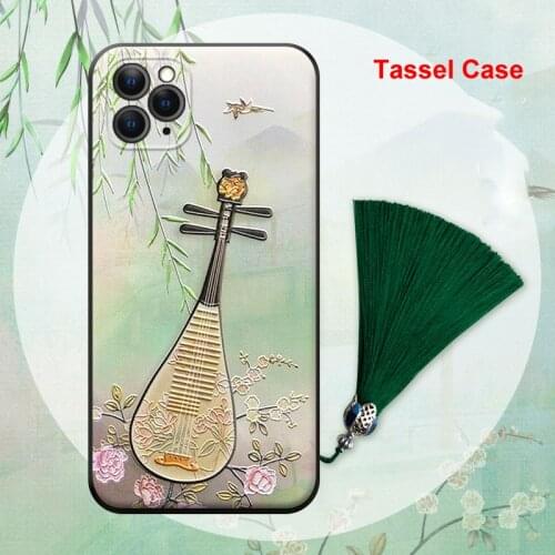 Tassel Case for iPhone SE 12 11 Pro Max Mini XS Max XR X 7 8 6 6S Plus 3D Drawing Embossed Lute Hand Strap Soft Back Cover Funda