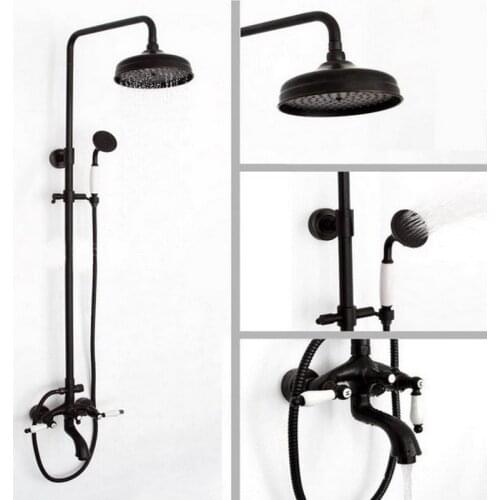 Black Oil Rubbed Brass Wall Mounted Bathroom Waterfall 8" Round Rain & Hand Shower & Tub Faucet Set Dual Ceramic Lever ahg045