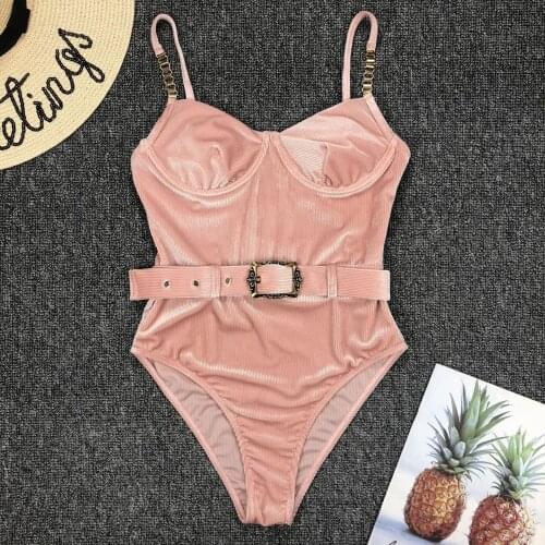 Solid Black Buckle One Piece Swimsuit Women High Cut Metal Chain Strap Push Up Padded Monokini Bathing Suit Bodysuit Swimwear