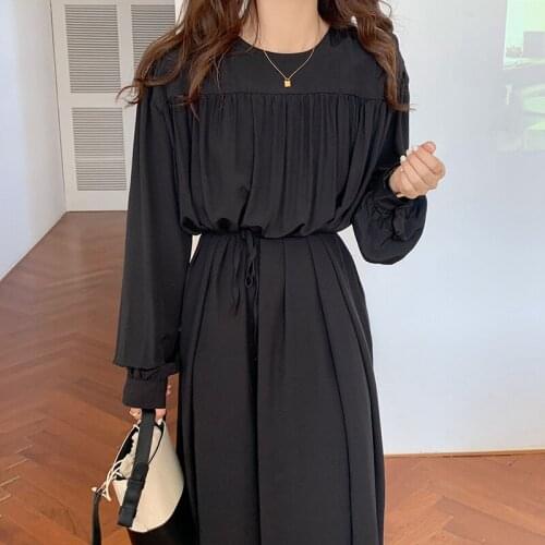 COIGARSAM French Style Full Sleeve Women dress Spring High Waist Belt Dresses Black Rice White 0258