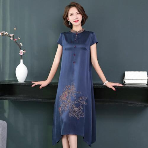 Embroidery Silk A-Line Dress Casual Irregular Long Dress Women Elegant Office Lady Stand Collar Dress Party Plus Size 2020 New