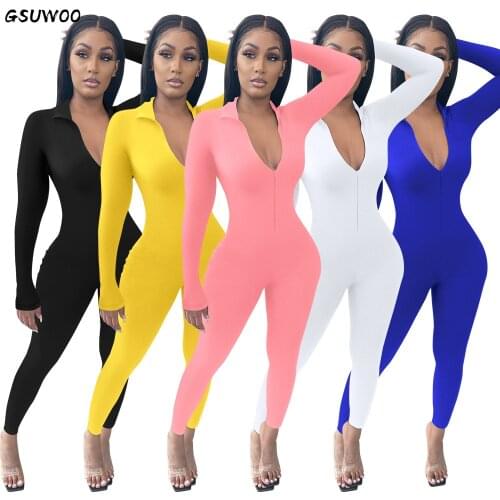 Gsuwoo Casual Zipper V Neck Long Sleeve Leggings Rompers Women Solid One Piece Sporty Fitness Jumpsuit Workout Outfit Overalls