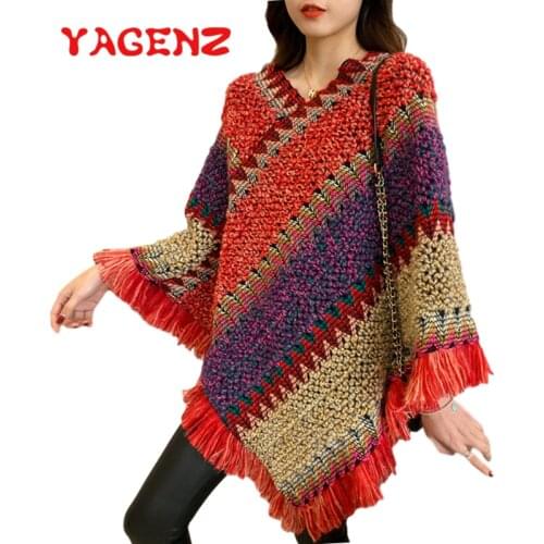 YAGENZ Pullover Knit Sweater Cape Shawl Coat Poncho Women Cloak Shawl Spring Autumn Seven-color Rainbow Striped Knitted Tops 890