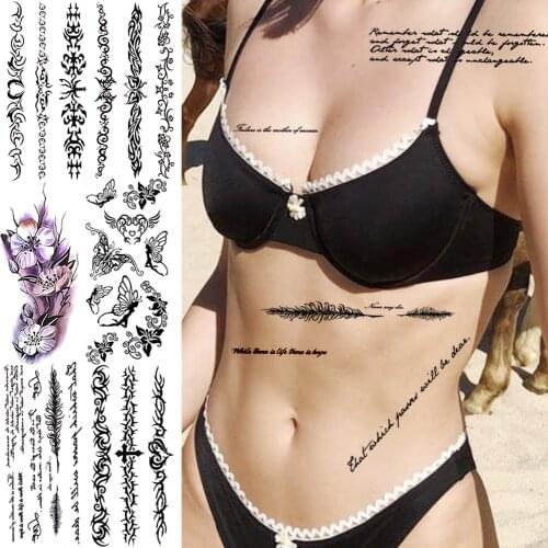Romantic Verse Feather Temporary Tattoos For Women Lady Realistic Daffodil Flower Elf Butterfly Fake Tattoo Sticker Sexy Tatoos