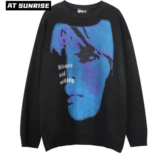 Hip Hop Knitted Sweater Streetwear blue Portrait Print Harajuku Sweater Pullover Men Autumn Winter Cotton Casual Sweater Unisex
