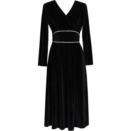 PERHAPS U Empire V Neck Long Sleeve Midi Evening Paty Dress Winter Black Elegant D1490