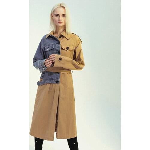 2021 New Fashion Streetwear Windbreaker For Female Lapel Collar Long Sleeve Patchwork Denim Womens Casual Coat Tide 2021