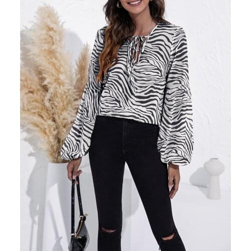 Summer New Women Zebra Stripe Vneck Bandage Printing Long Puff Sleeves Breathable Shirt Casual Loose Comfortable Top Outfit